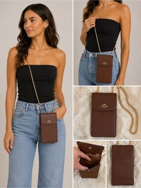 Coach Brown Leather Phone Crossbody Purse Fits iPhone 16 Pro Max Gold Chain